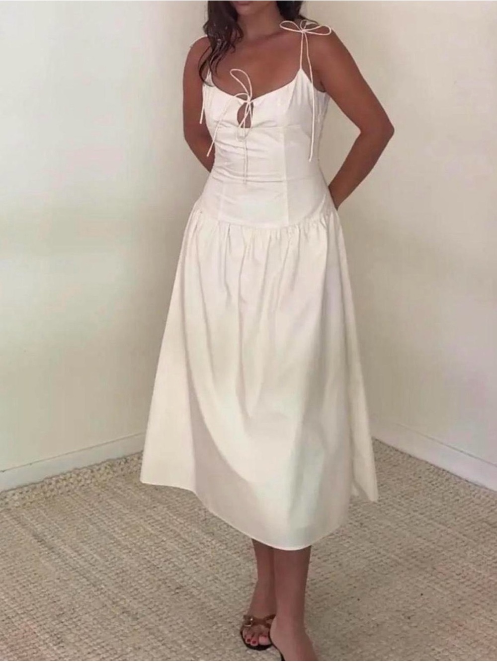 Classic White Cream Low Waist Midi Dress